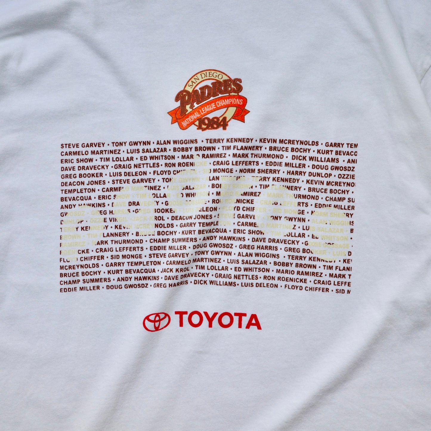 【used】"SANDIEGO PADRES 1984 NATIONAL CHAMPS" tee baseball MLB サンディエゴパドレス 野球 TOYOTA